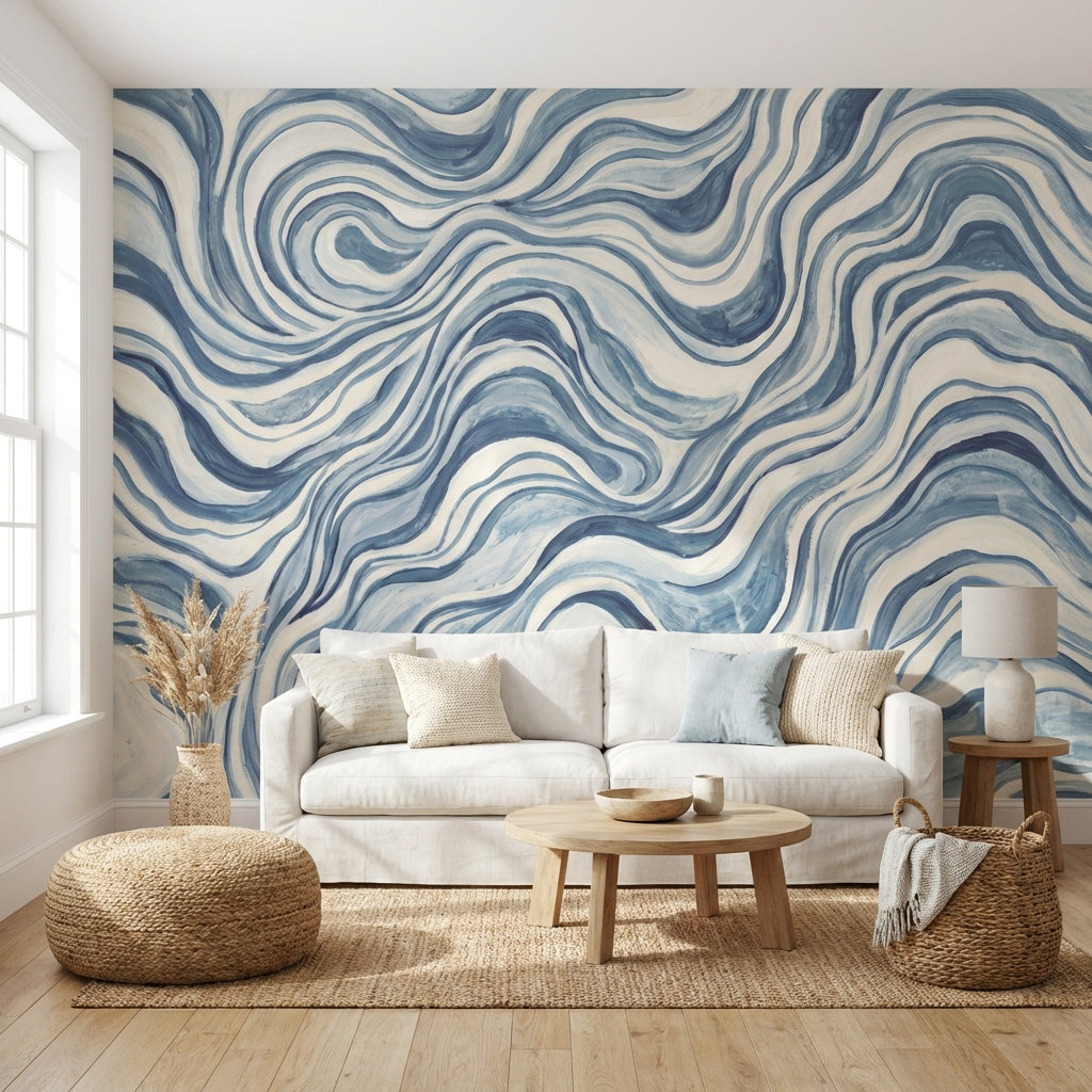 Abstract Pattern Wallpaper Blue Wavy Wall Mural