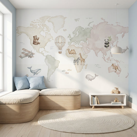 Watercolor World Map Wallpaper Animal Nursery Wall Mural