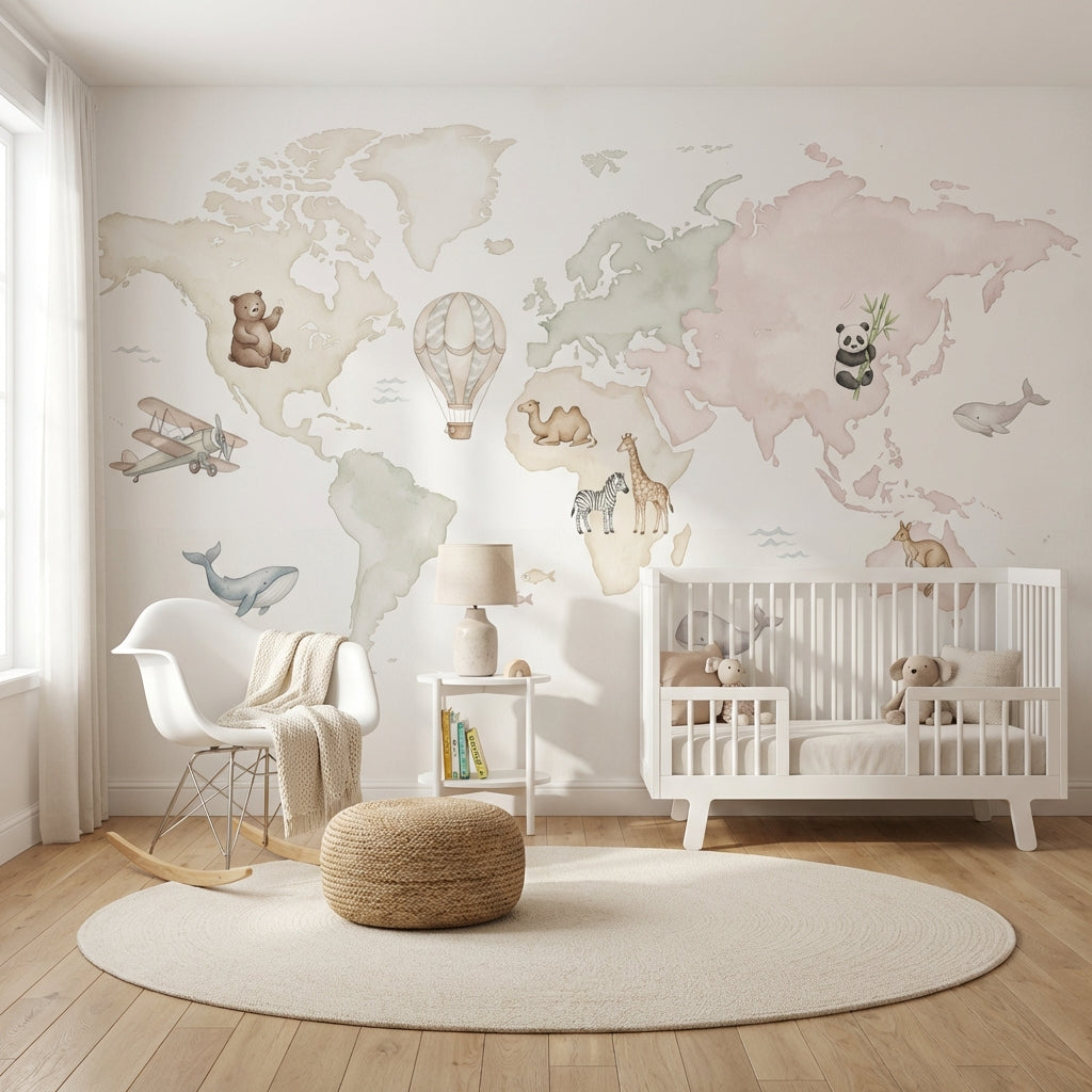 Watercolor World Map Wallpaper Animal Nursery Wall Mural