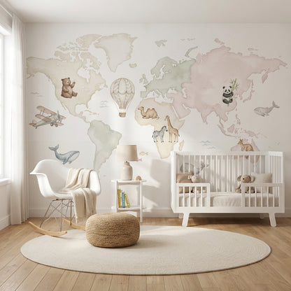 Watercolor World Map Wallpaper Animal Nursery Wall Mural
