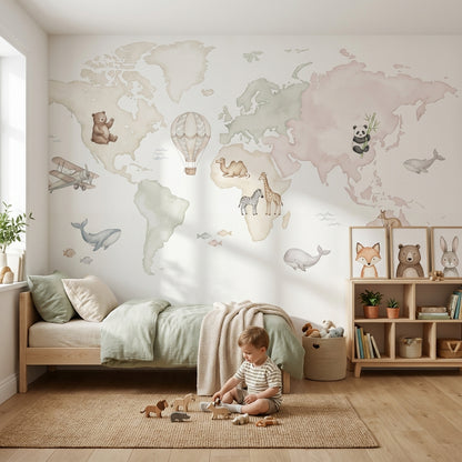 Watercolor World Map Wallpaper Animal Nursery Wall Mural
