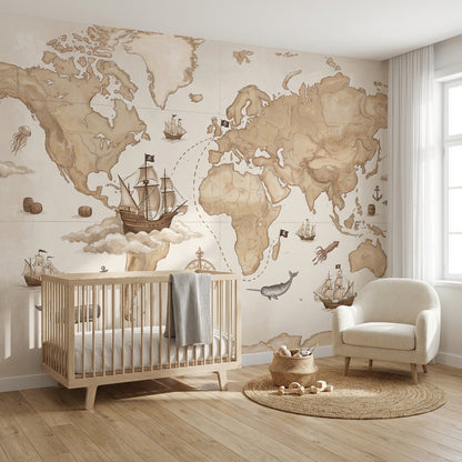World Map Wallpaper Vintage Nautical Wall Mural