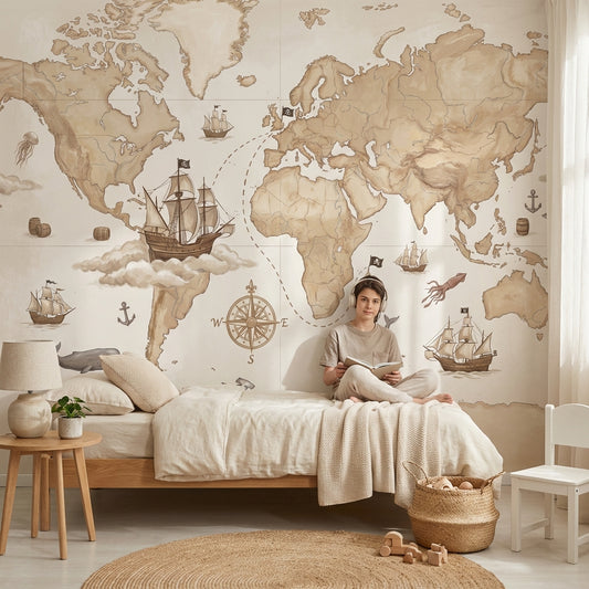 World Map Wallpaper Vintage Nautical Wall Mural