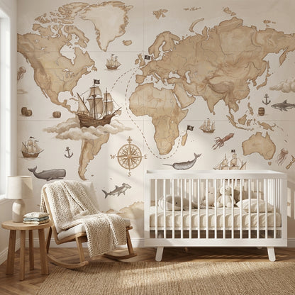 World Map Wallpaper Vintage Nautical Wall Mural