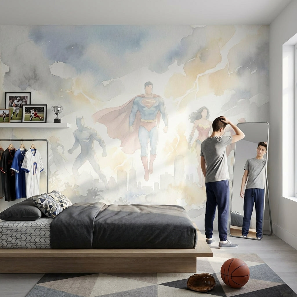 Superheroes Wallpaper Watercolor Cityscape Wall Mural