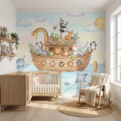 Whimsical Animals Wallpaper Cartoon Boat Wall Mural