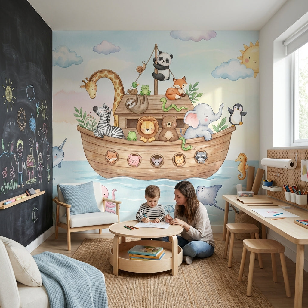 Whimsical Animals Wallpaper Cartoon Boat Wall Mural