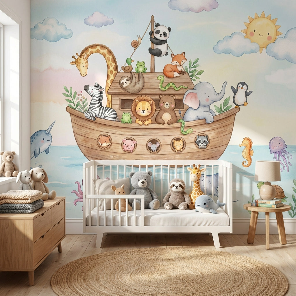 Whimsical Animals Wallpaper Cartoon Boat Wall Mural