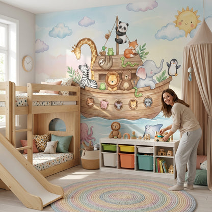 Whimsical Animals Wallpaper Cartoon Boat Wall Mural