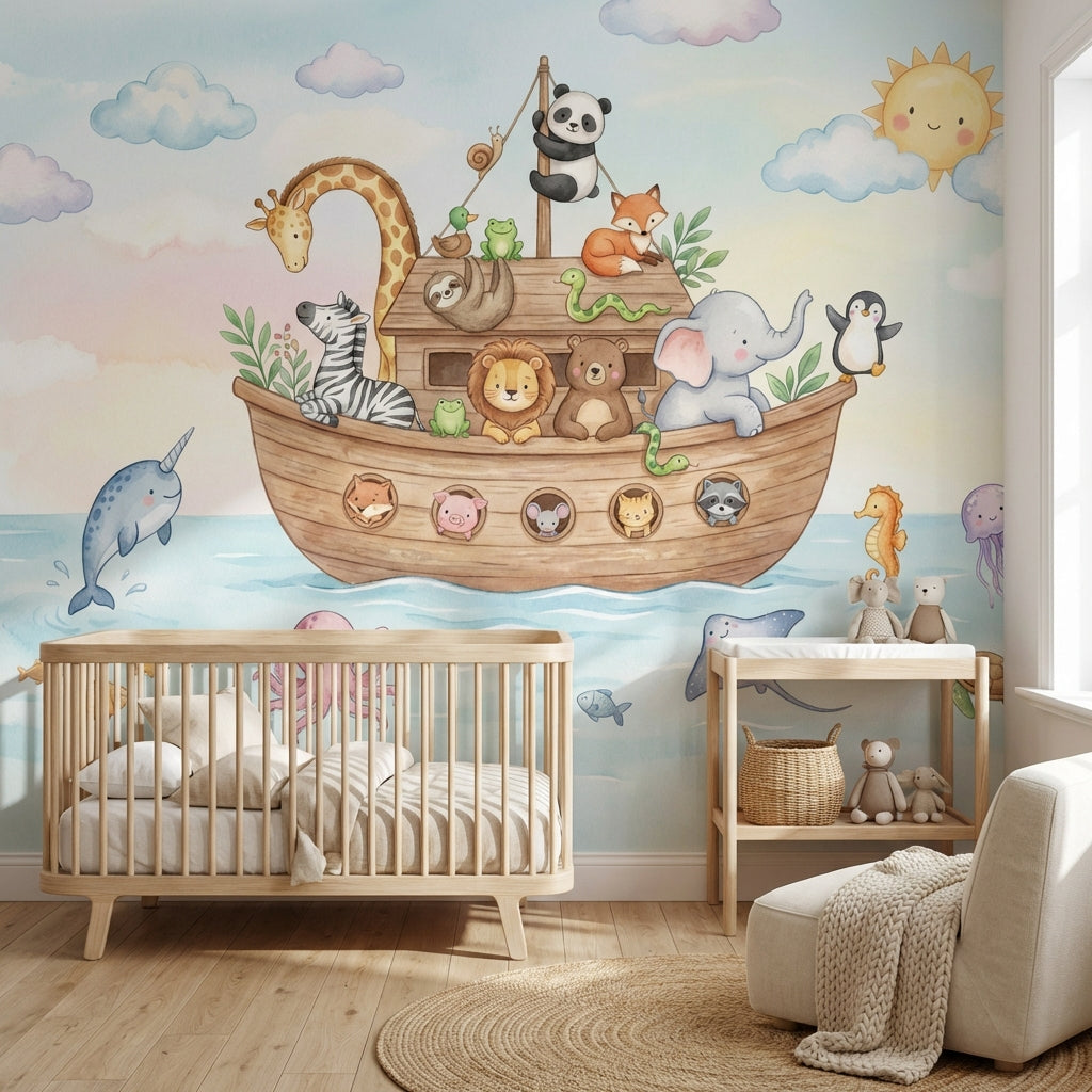 Whimsical Animals Wallpaper Cartoon Boat Wall Mural