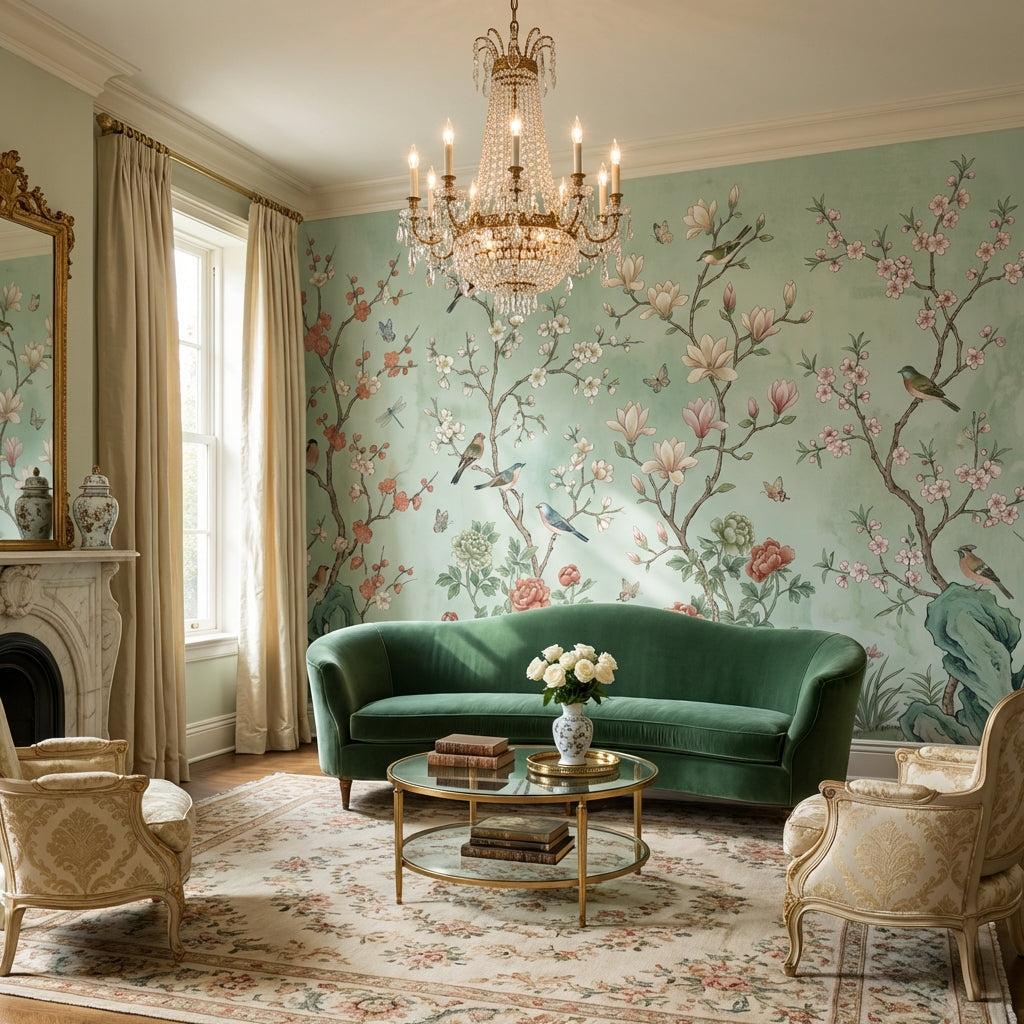Floral Wallpaper Birds Green Wall Mural