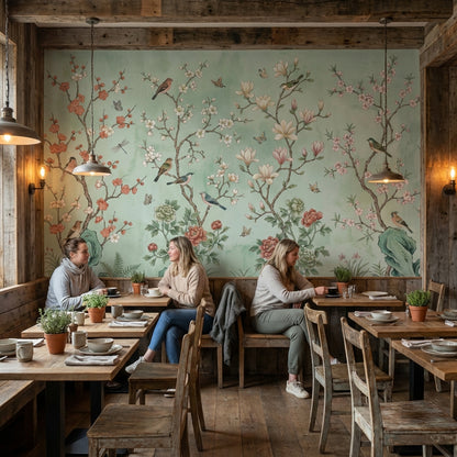 Floral Wallpaper Birds Green Wall Mural