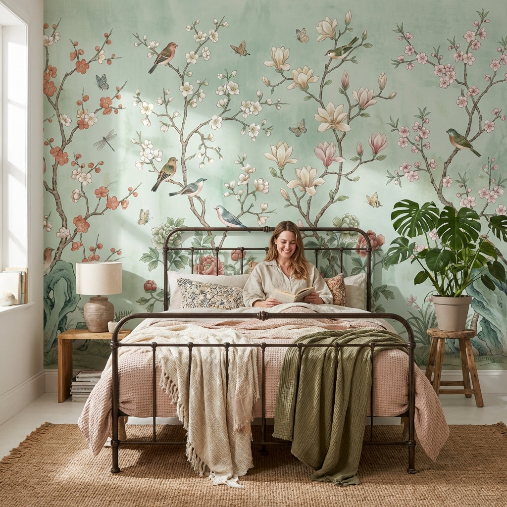 Floral Wallpaper Birds Green Wall Mural