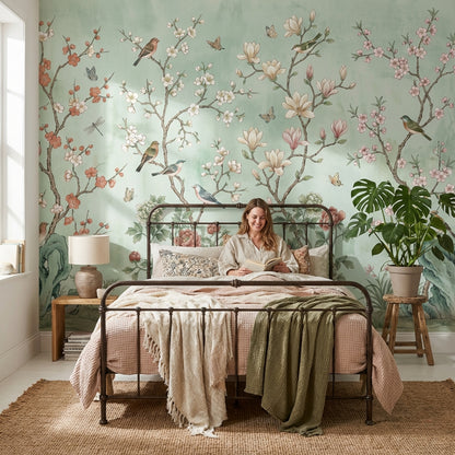 Floral Wallpaper Birds Green Wall Mural