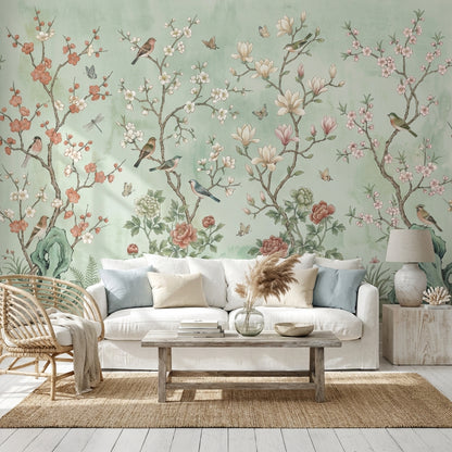Floral Wallpaper Birds Green Wall Mural