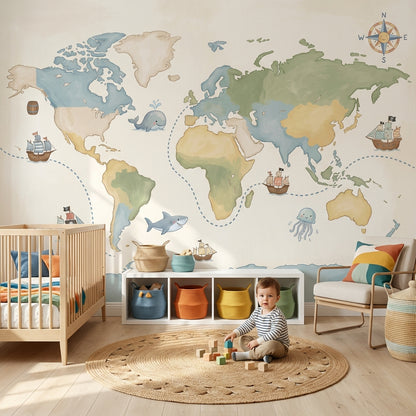 World Map Wallpaper Ocean Nautical Wall Decor