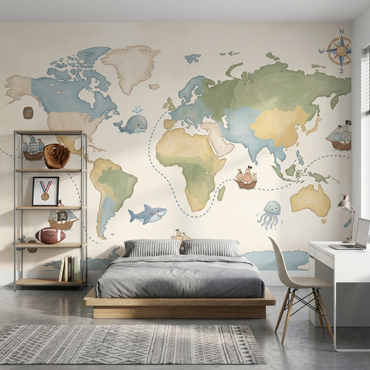 World Map Wallpaper Ocean Nautical Wall Decor