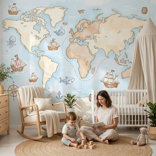 World Map Wallpaper Nautical Ocean Wall Mural