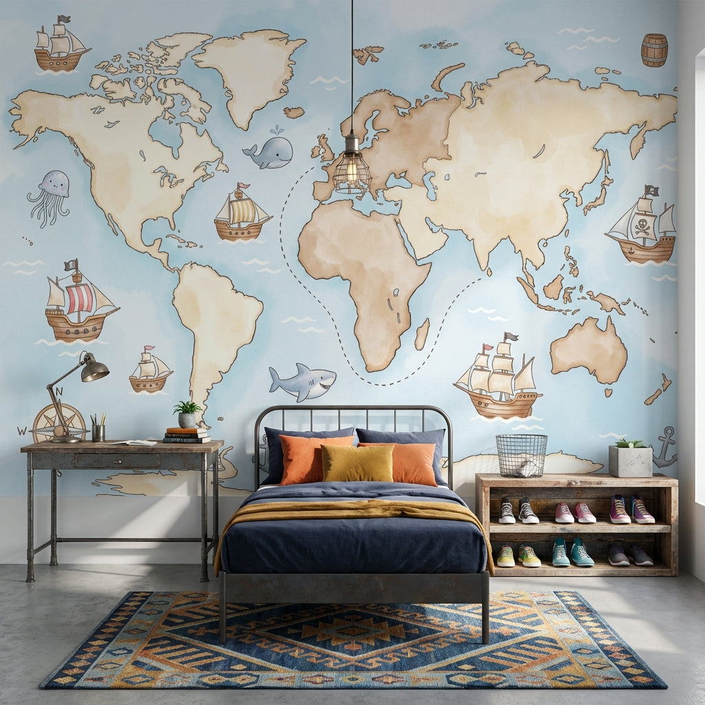 World Map Wallpaper Nautical Ocean Wall Mural