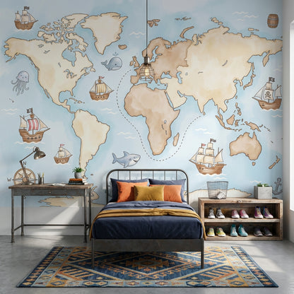 World Map Wallpaper Nautical Ocean Wall Mural