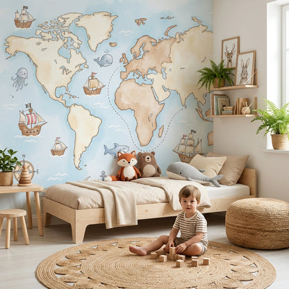 World Map Wallpaper Nautical Ocean Wall Mural