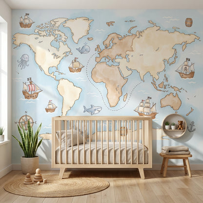 World Map Wallpaper Nautical Ocean Wall Mural