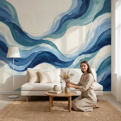 Abstract Waves Wallpaper Blue Modern Wall Mural