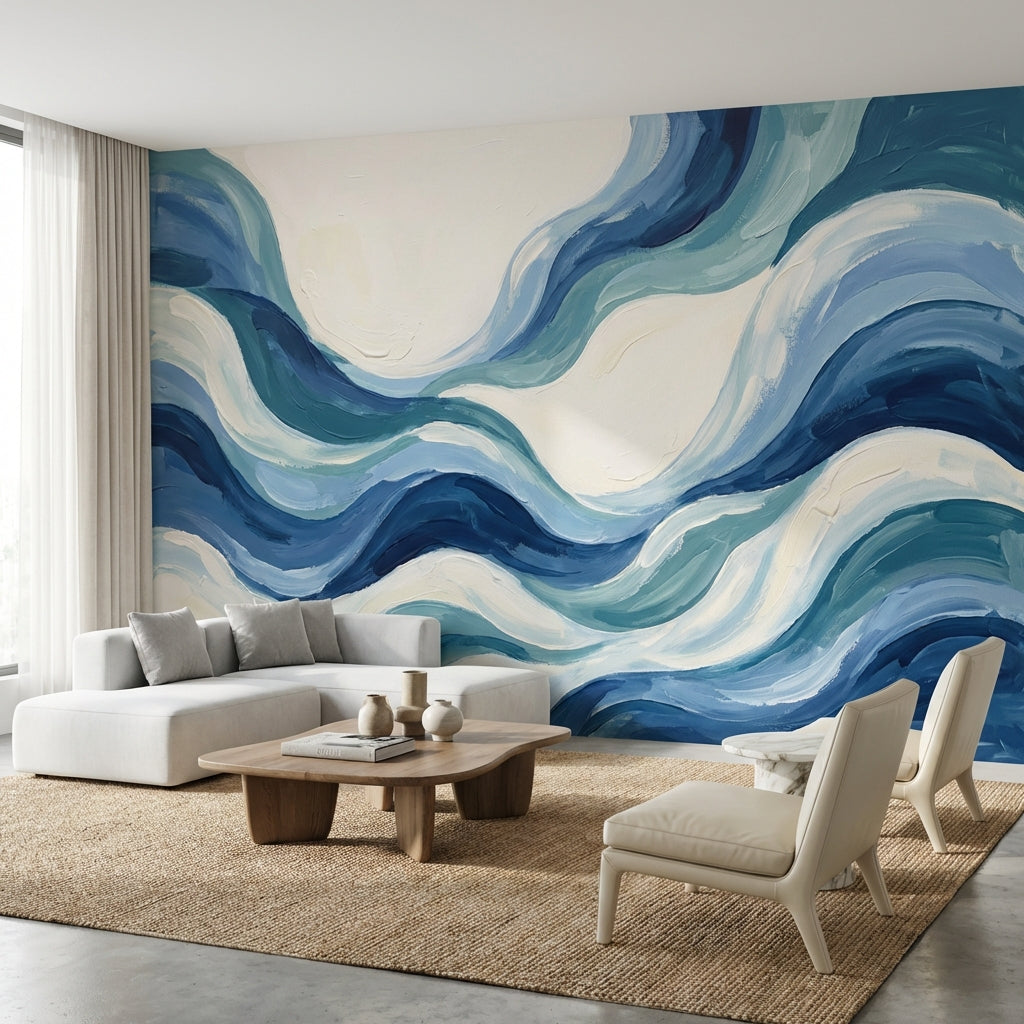 Abstract Waves Wallpaper Blue Modern Wall Mural