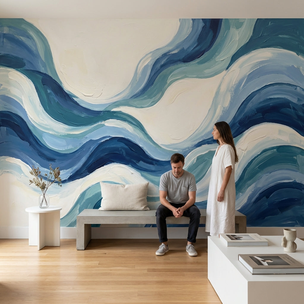 Abstract Waves Wallpaper Blue Modern Wall Mural
