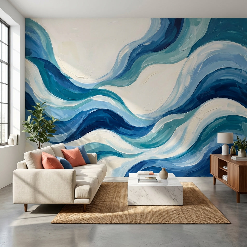 Abstract Waves Wallpaper Blue Modern Wall Mural