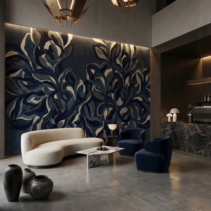 Abstract Wallpaper Floral Navy Wall Mural
