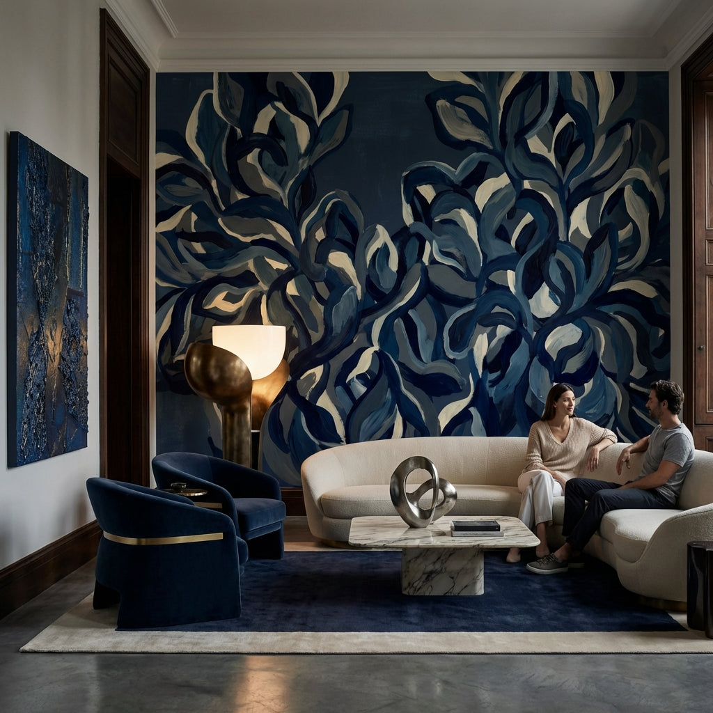 Abstract Wallpaper Floral Navy Wall Mural