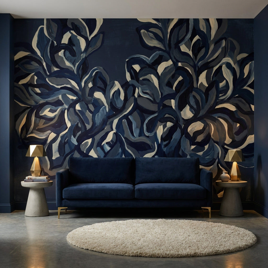 Abstract Wallpaper Floral Navy Wall Mural