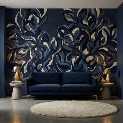 Abstract Wallpaper Floral Navy Wall Mural