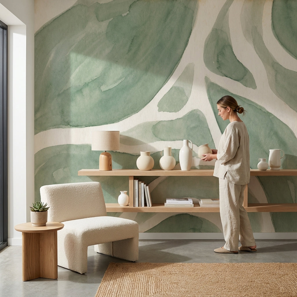 Muted Green Wallpaper Abstract Nature Wall Mural