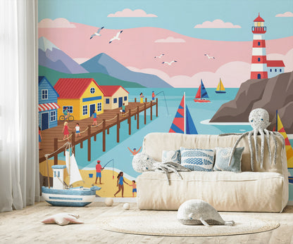 Coastal Wallpaper Lighthouse Sailing Wall Mural