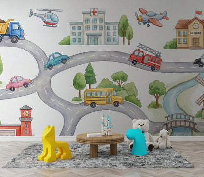 Landscape Wallpaper Vehicles Cartoon Wall Mural