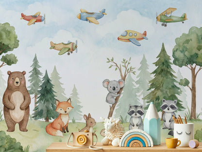 Whimsical Forest Wallpaper Animal Watercolor Wall Mural