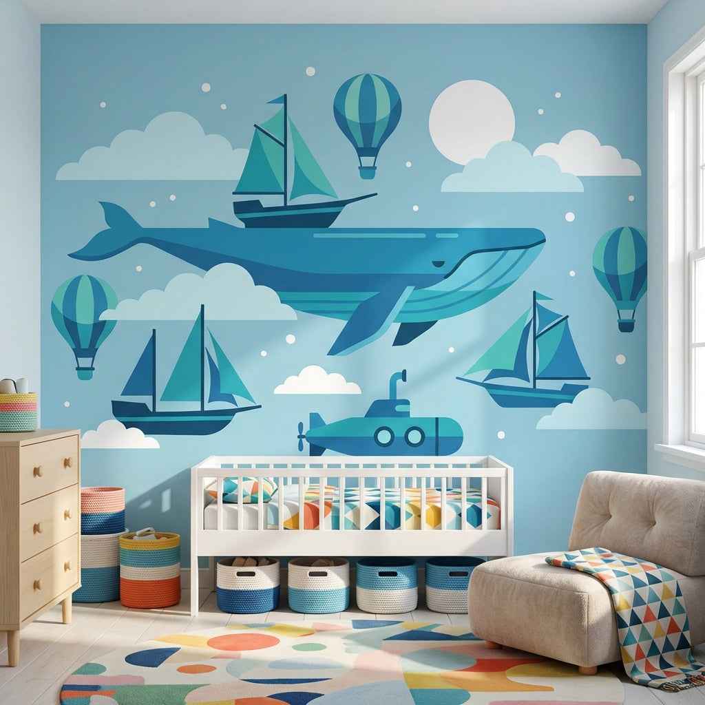 Whale Wallpaper Sailboats Submarine Wall Mural