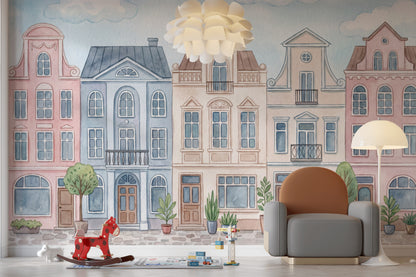 Townhouses Wallpaper Watercolor Architecture Wall Decor