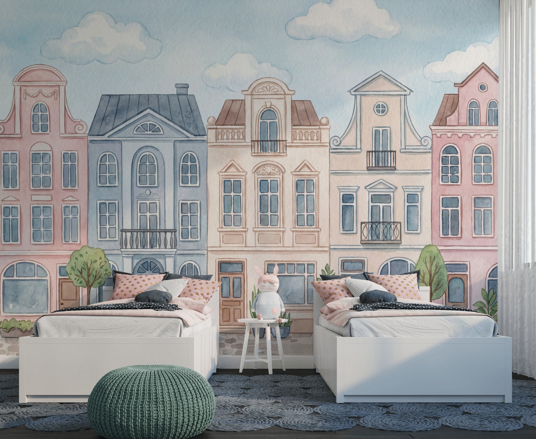 Townhouses Wallpaper Watercolor Architecture Wall Decor