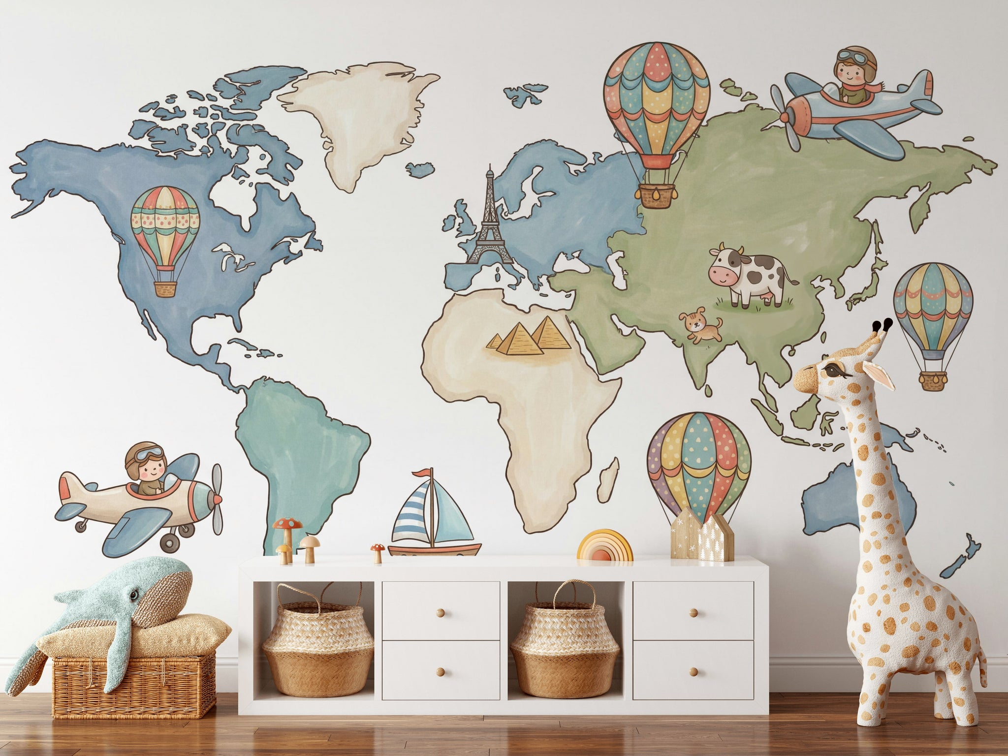 World Map Wallpaper Hot Air Balloon Removable Wall Decor