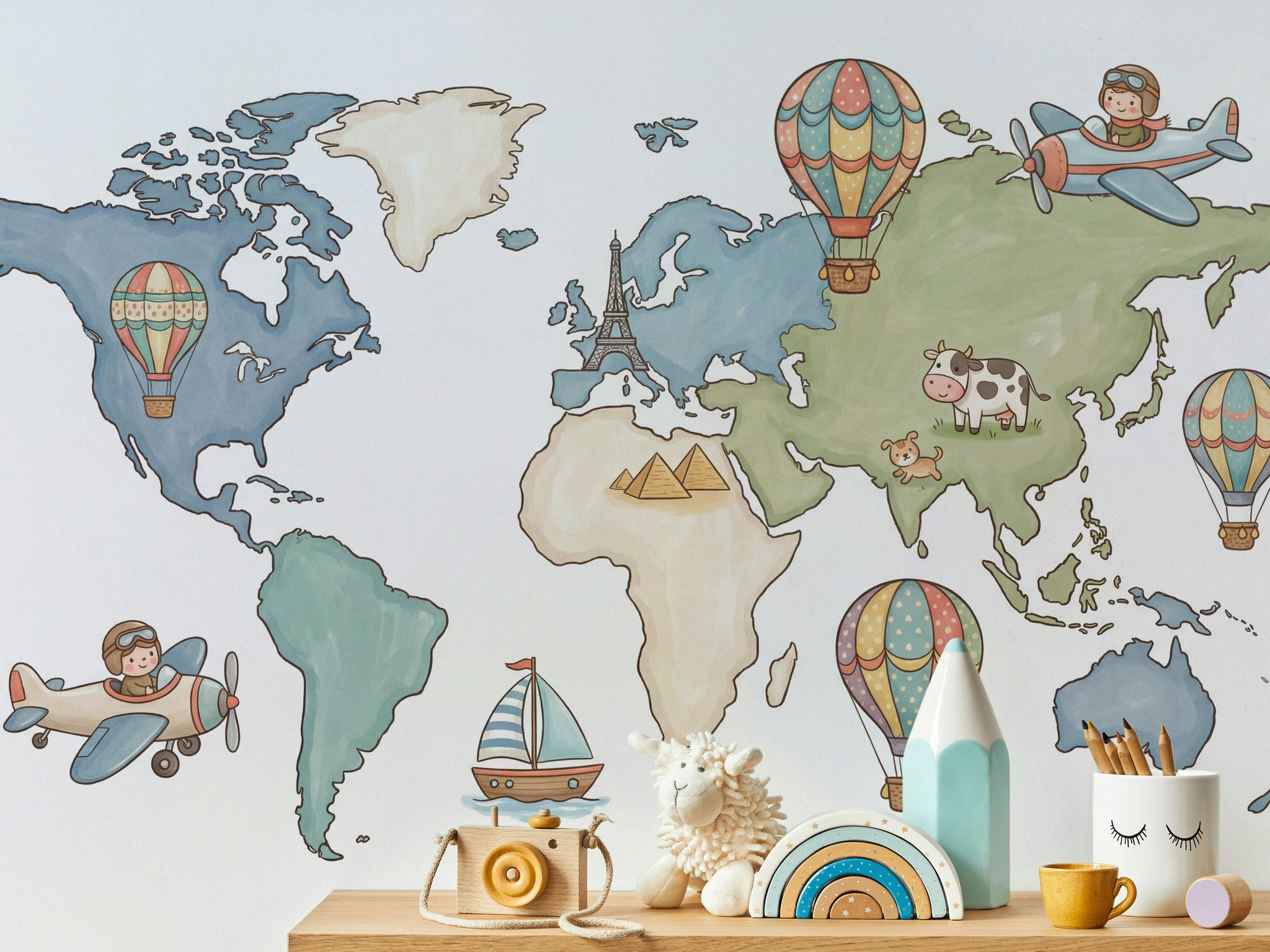 World Map Wallpaper Hot Air Balloon Removable Wall Decor