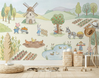 Whimsical Farm Wallpaper Animal Countryside Wall Mural