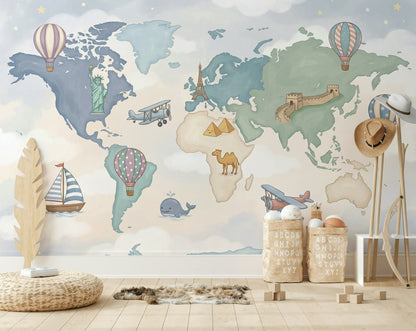 World Map Wallpaper Cloudy Sky Wall Mural