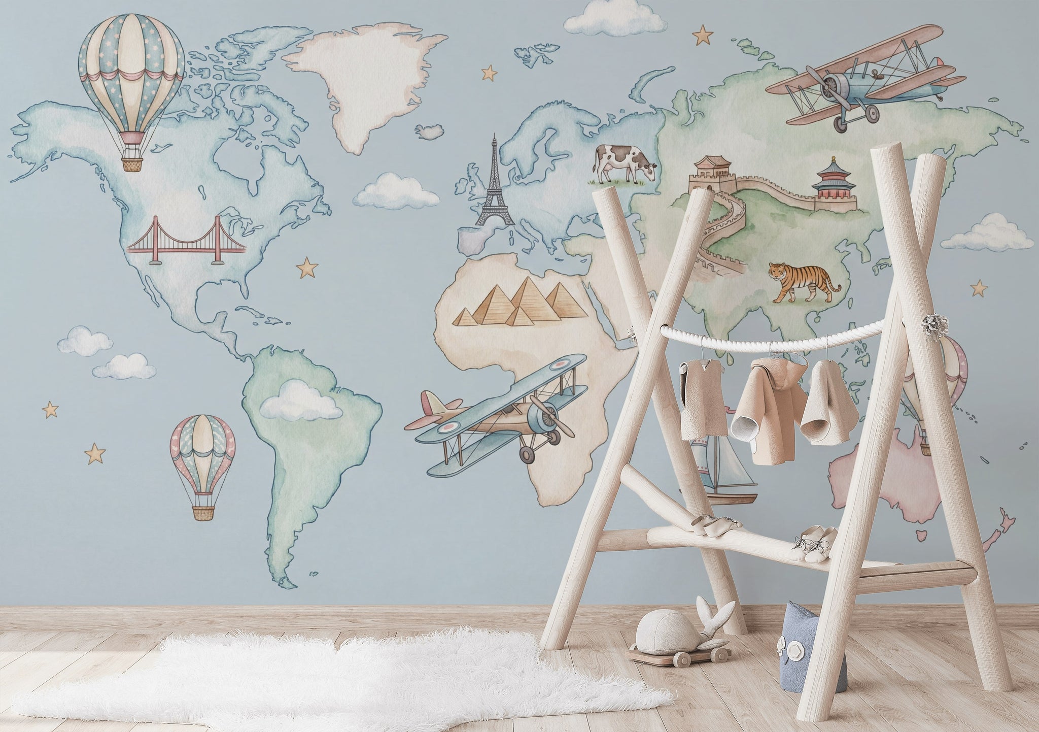 World Map Wallpaper Hot Air Balloon Iconic Wall Mural