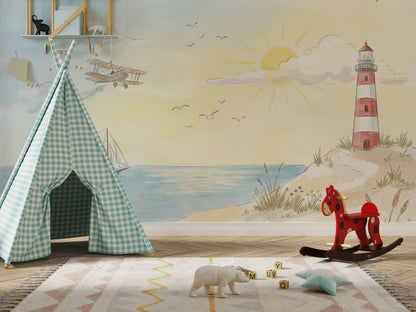 Coastal Wallpaper Lighthouse Sunny Wall Mural