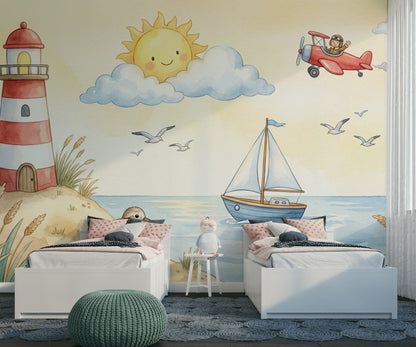 Lighthouse Coastal Wallpaper Cartoon Whimsical Wall Mural