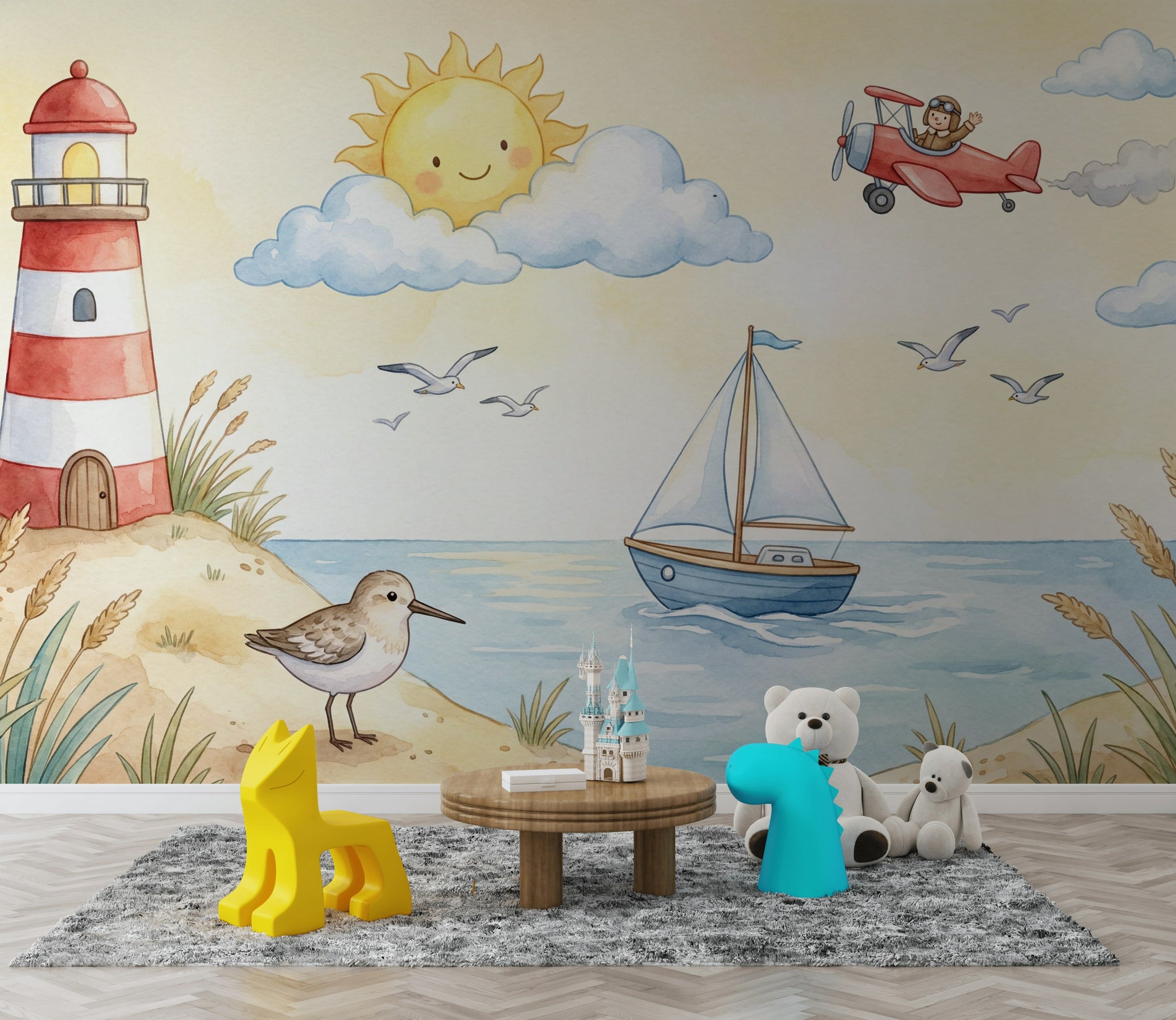Lighthouse Coastal Wallpaper Cartoon Whimsical Wall Mural