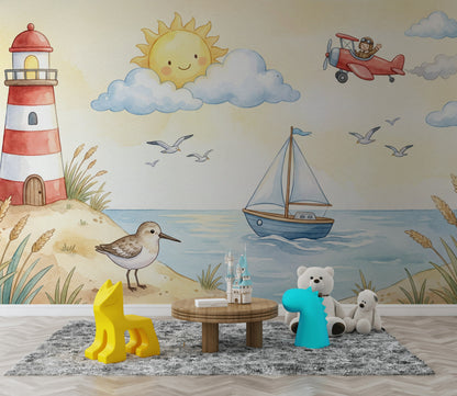 Lighthouse Coastal Wallpaper Cartoon Whimsical Wall Mural